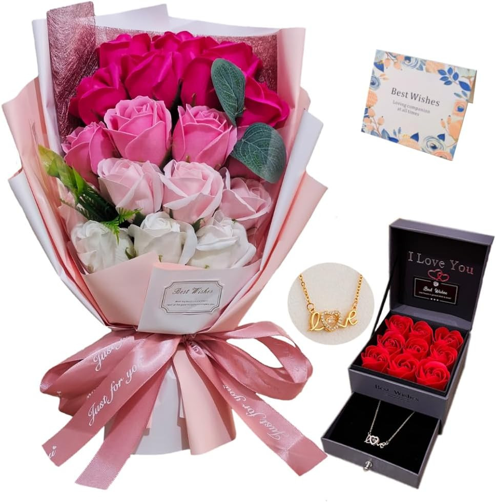 Roses Bouquet Artificial Flower – Preserved Red Flowers with Love Necklace for H