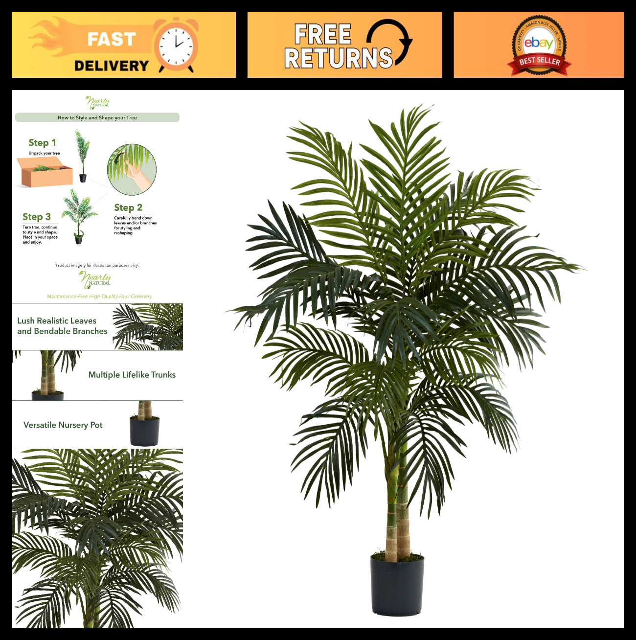 4ft Double Stalk Golden Cane Palm – Realistic Faux Plant, Indoor Tropical Decor,