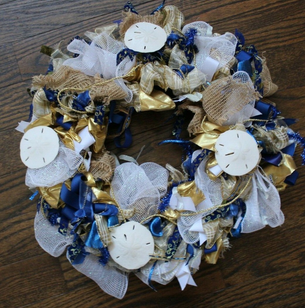 All Occasion Sea Ocean Beach Sand Dollar Door Wreath Blue Gold White 22″ dia
