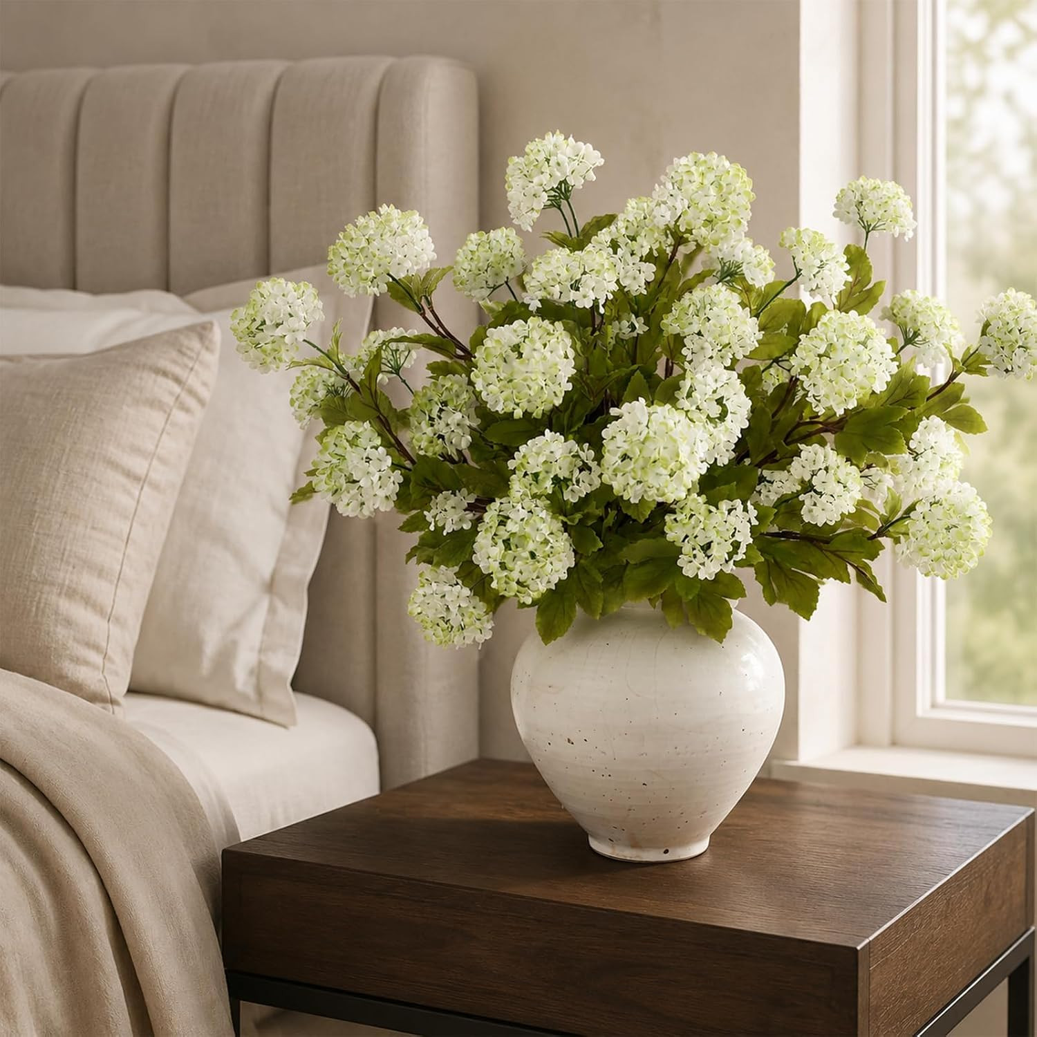 28″ Faux Hydrangea Flowers – 6 Pcs White-Green Silk Stems for Home Decor