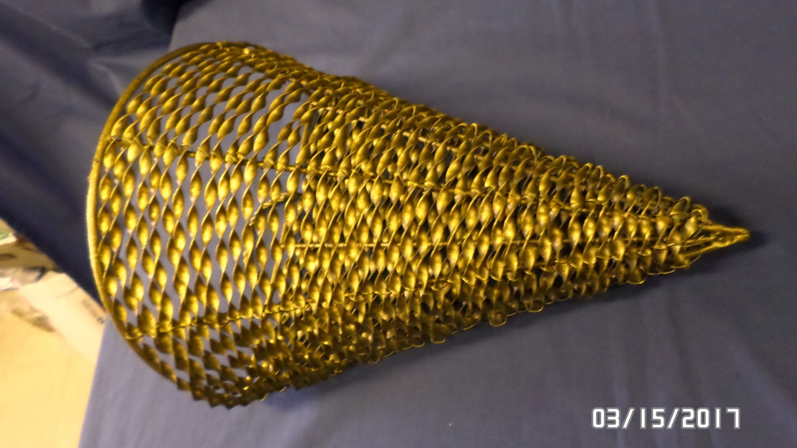 1849M Large Silk Flower Metal Hanging Basket Wall Hugger Cone Shaped Twist Brass