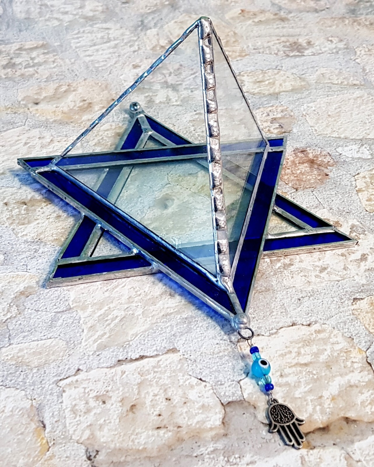Transparent Terrarium with Blue Frame Stained Glass in shaped Star of David