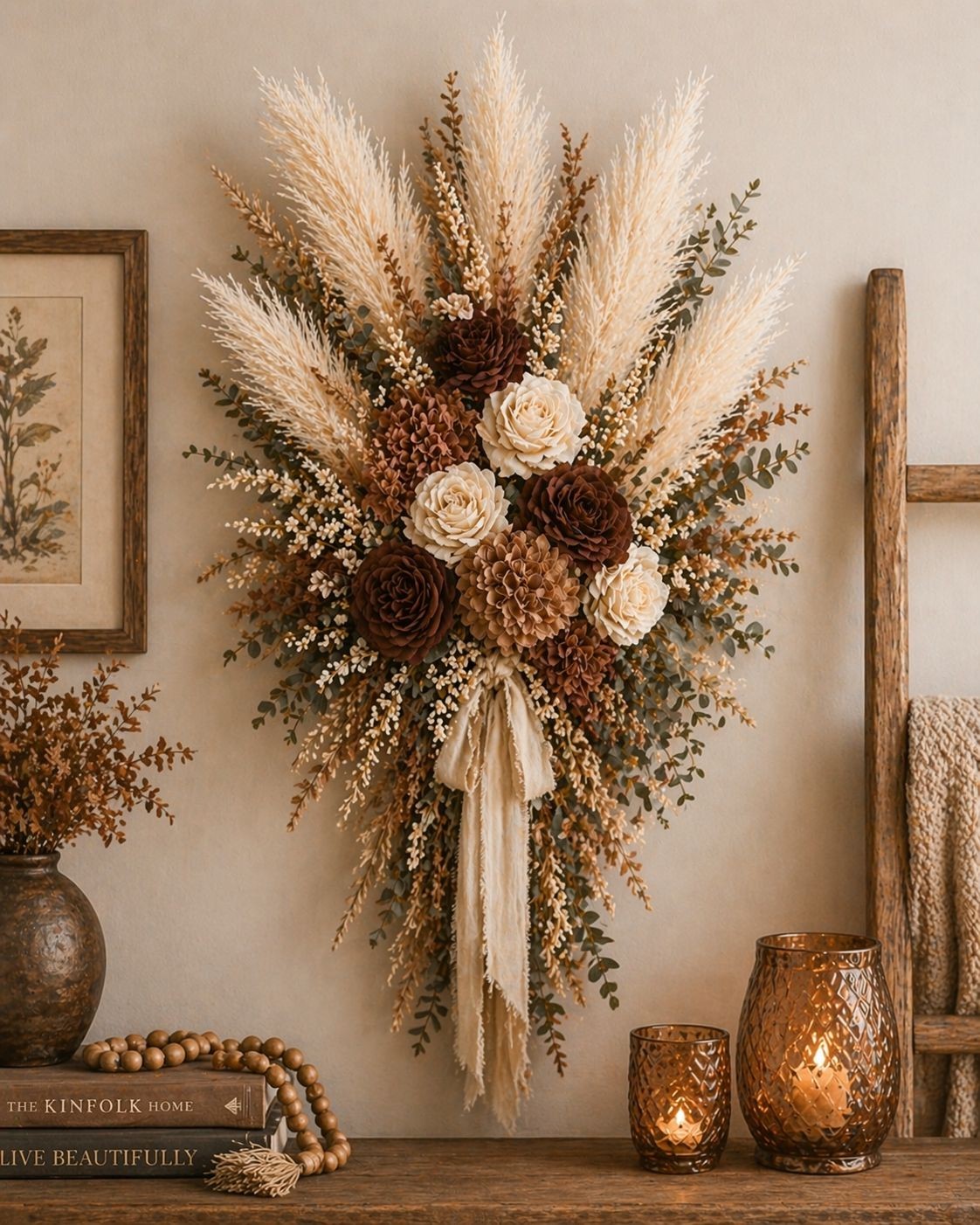 Cream Pampas Grass 3 Stem Faux Pampas Beige Boho Decor Neutral Vase Filler Farmh