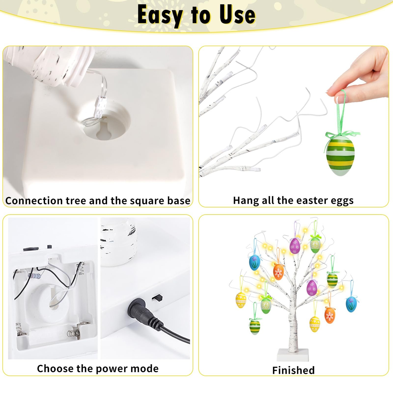 24″ Easter Lighted Birch Tree with 12pcs Ornaments, Warm White LEDs