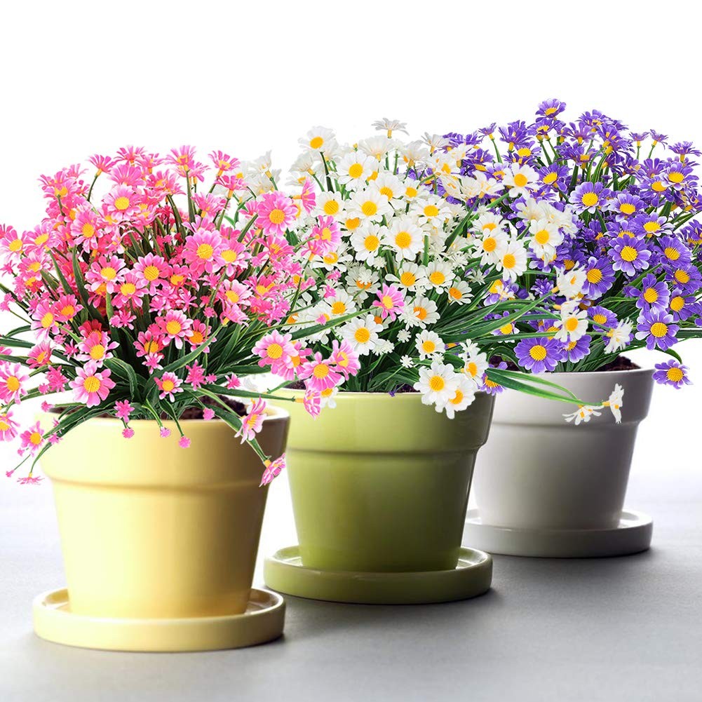 UV Resistant Artificial Daisies 4 Bundles of Faux Flowers for Indoor &