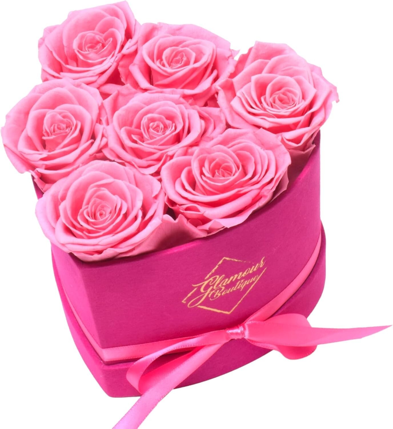 Luxurious 7-Piece Heart-Shaped Velvet Pink Flower Box – No Maintenance Required