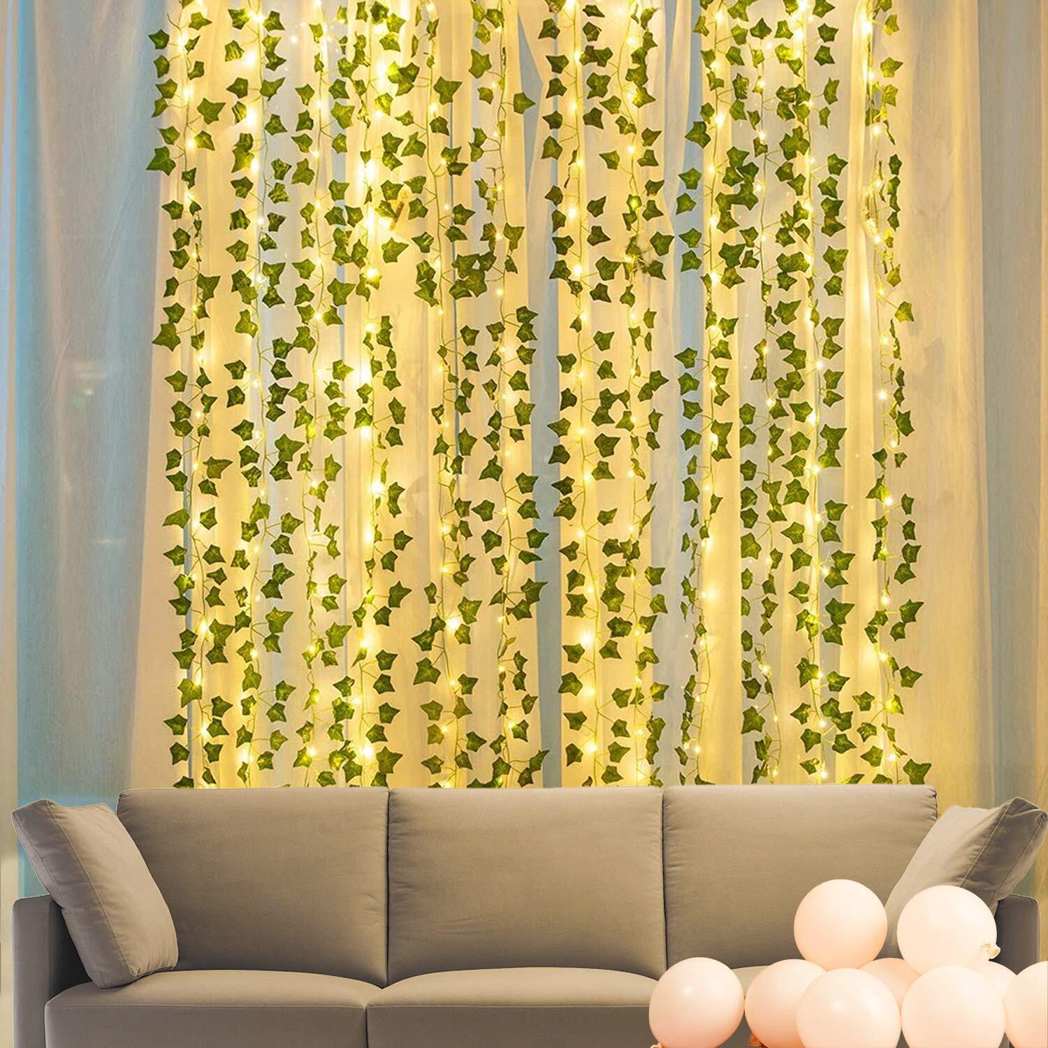 12 Pack Artificial Ivy Leaf Plant With 252 Led Fairy Window Curtain String Light