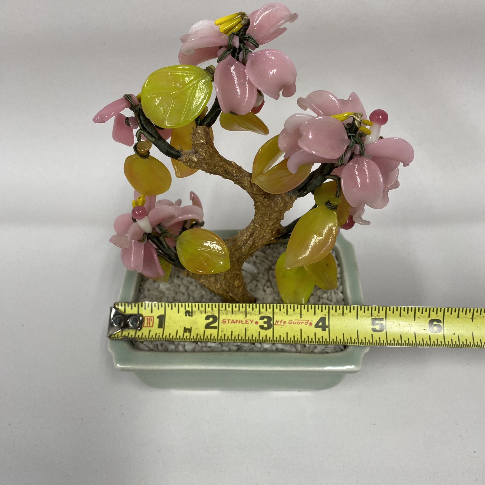 Glass Bonsai Tree Pink Flowers Artificial Plant Oriental Home Decor Vtg