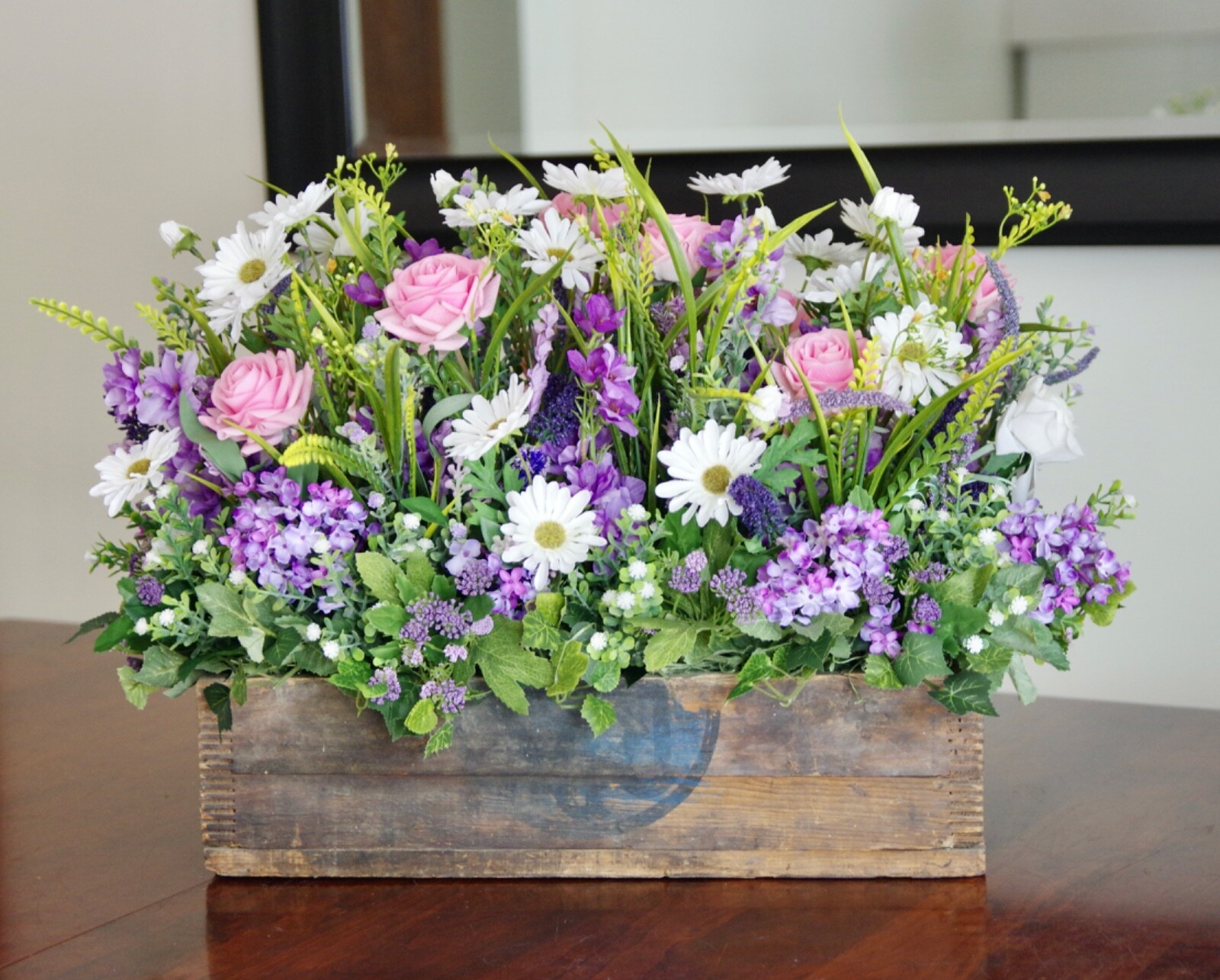 Vintage Wooden Box With Silk Pink and White Rose and Lavender Lilac Arrangement
