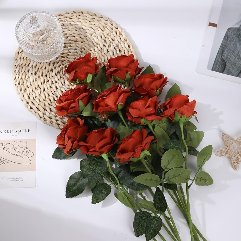 12 PCS Artificial Silk Roses for Home Wedding Decor, Brown and Orange Flowers