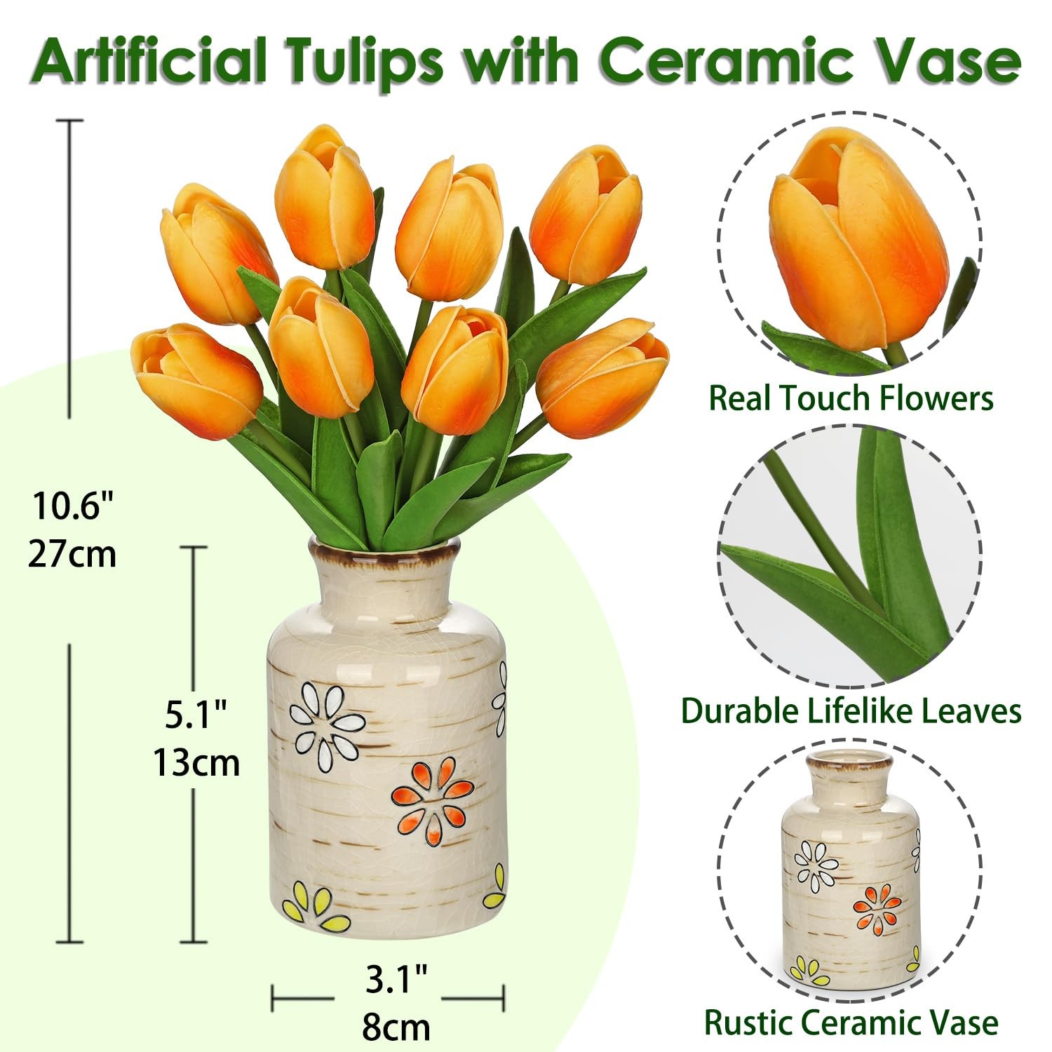10.6in Artificial Orange Tulips with Ceramic Vase, Real Touch Faux Tulips Flo…