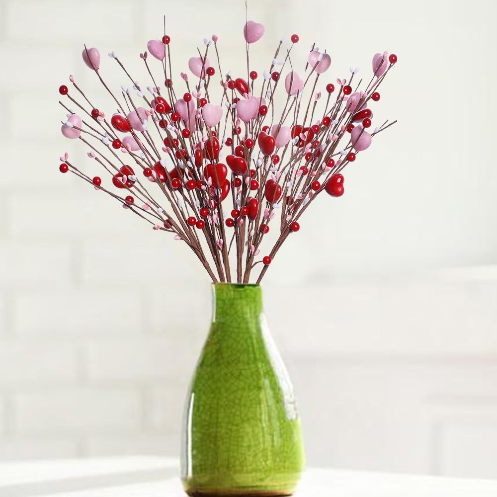 6 Pack Valentine Floral Picks Heart Berry Stems 17 Inch Decorations