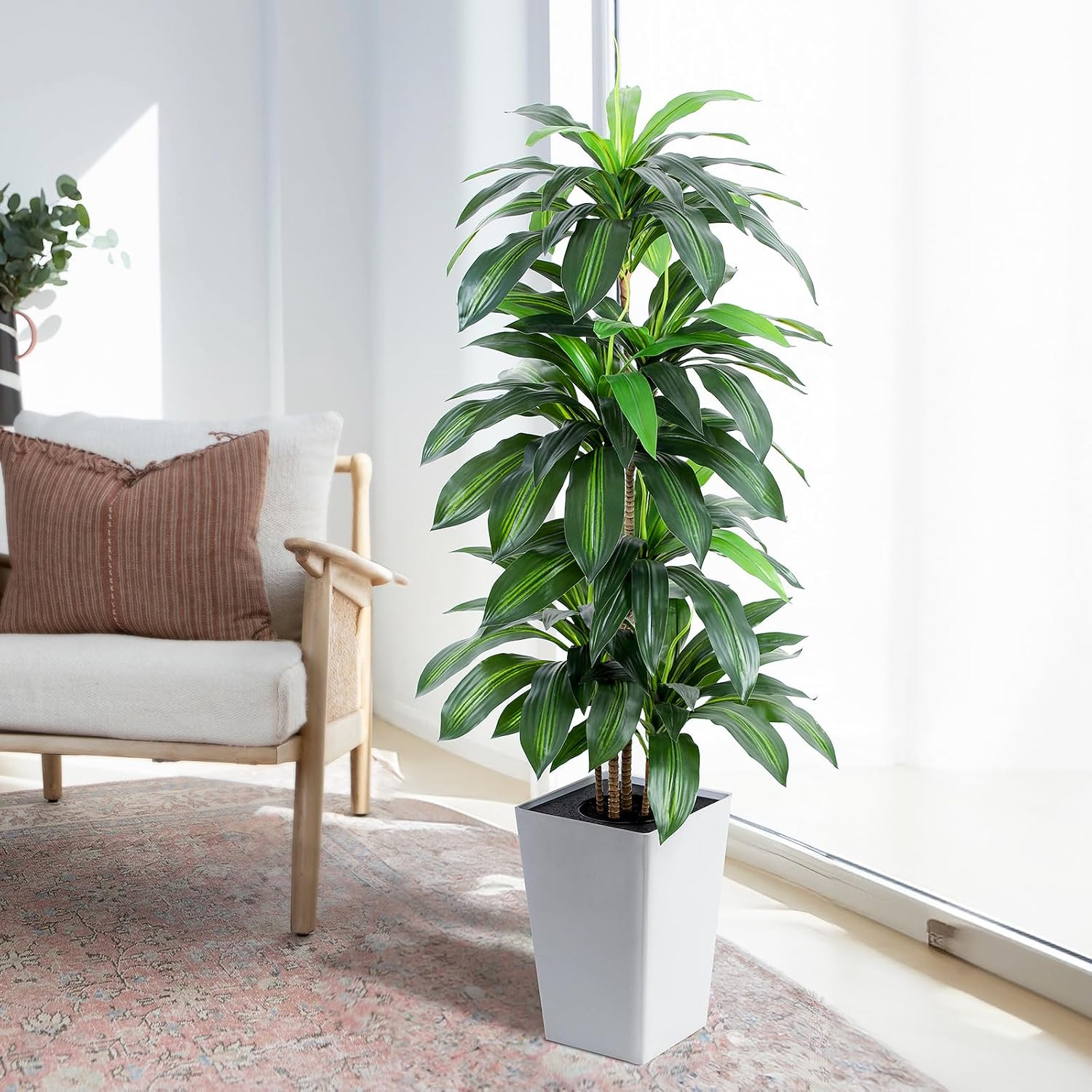 Artificial Dracaena Tree with White Tall Planter, 5Ft Tall Potted Artificial Dra