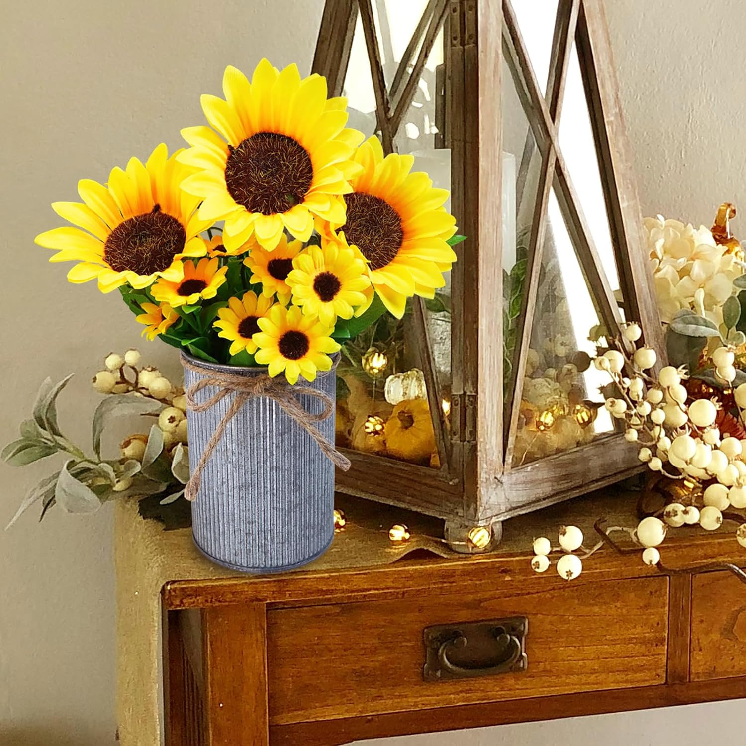 Set of 3 Artificial Sunflowers Metal Pot Centerpiece Farmhouse Sunflowers Flo…