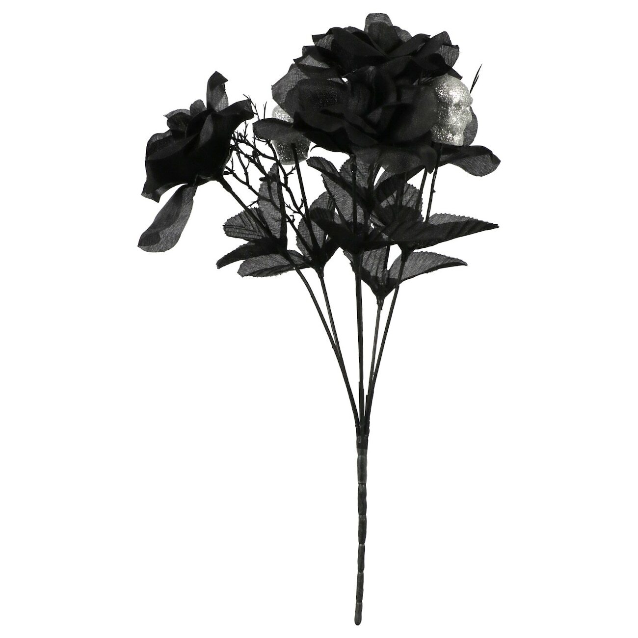 6 Stem Black With Silver Glitter Skulls OR Red Rose Bush with Black Skulls 14″