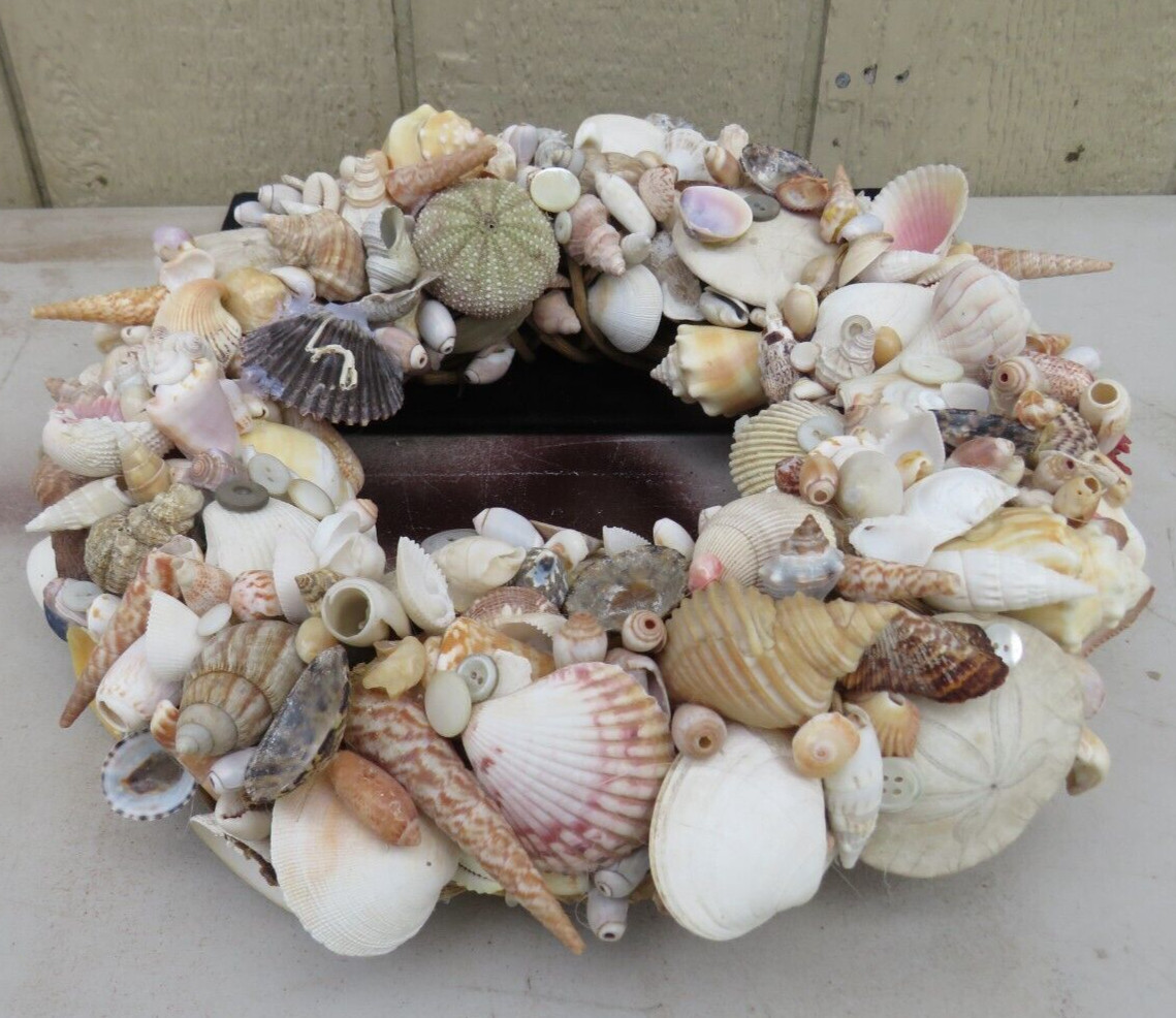 LARGE NATURAL HANDCRAFTED SEASHELL WREATH 14″ BEACH SEASHORE COASTAL DECOR