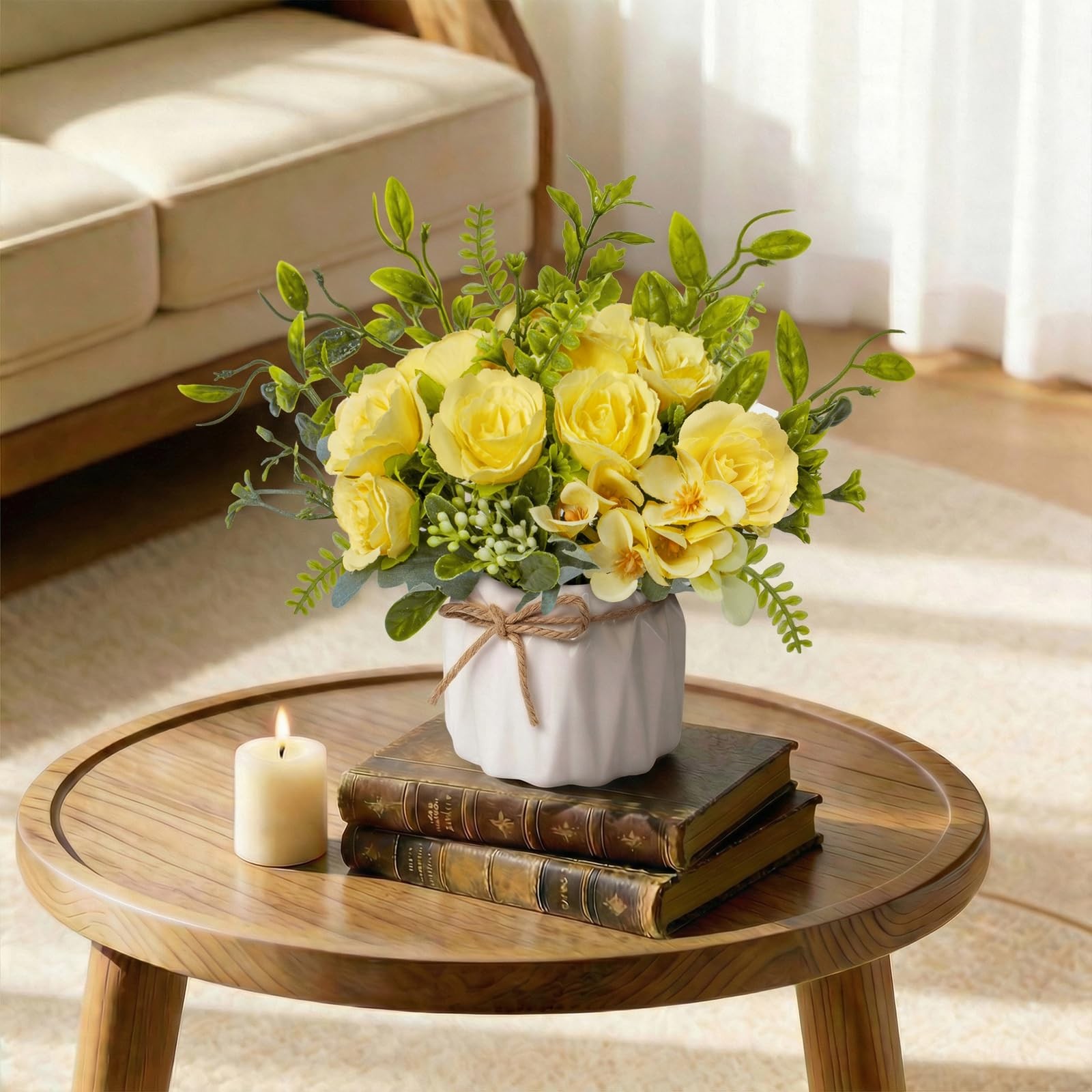 Yellow Artificial Silk Roses with Ceramic Vase, No Maintenance Faux Flower Ar…
