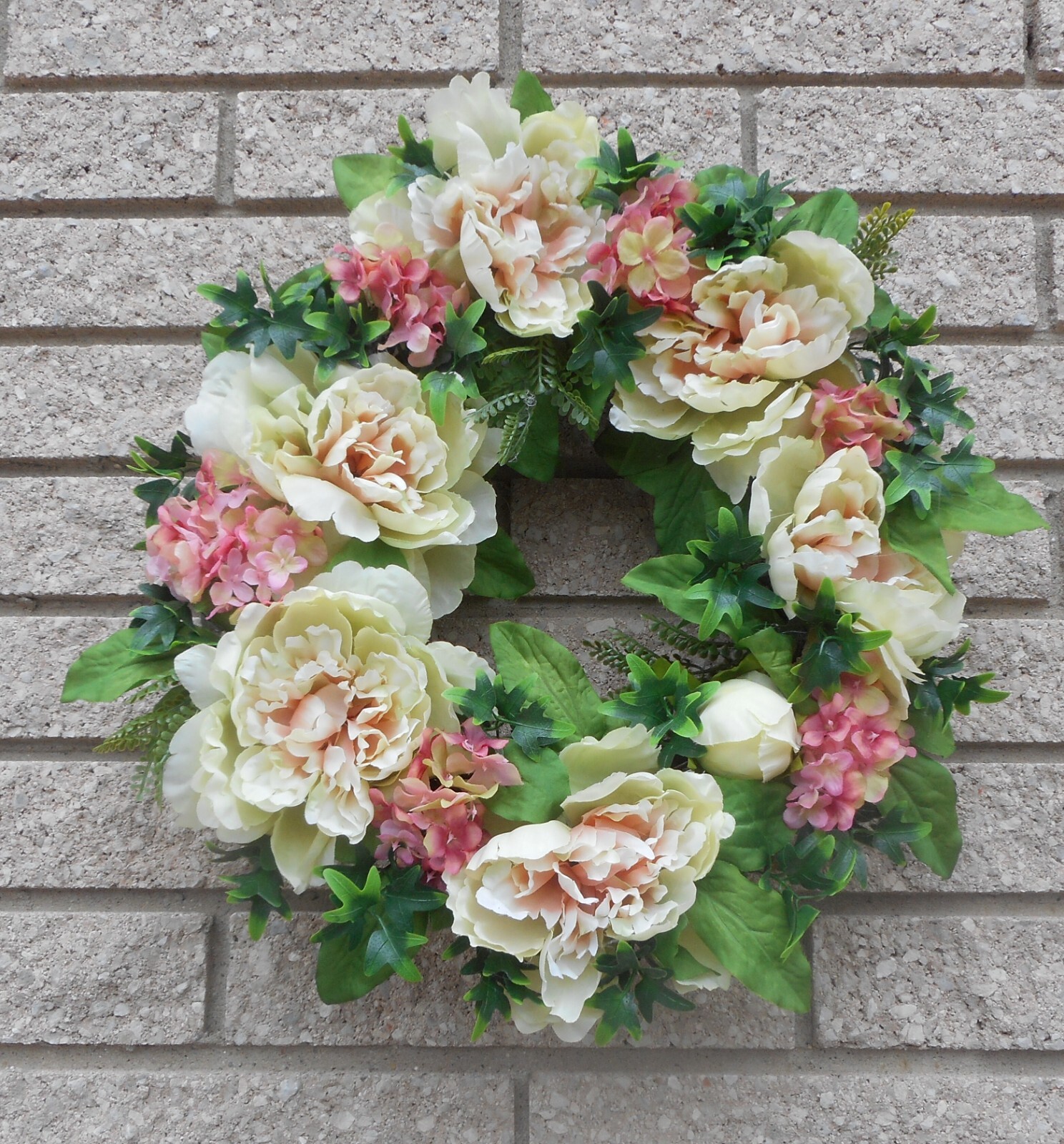 17″ Green Pink Peony Pink Hydrangea Floral Summer Grapevine Door Wreath