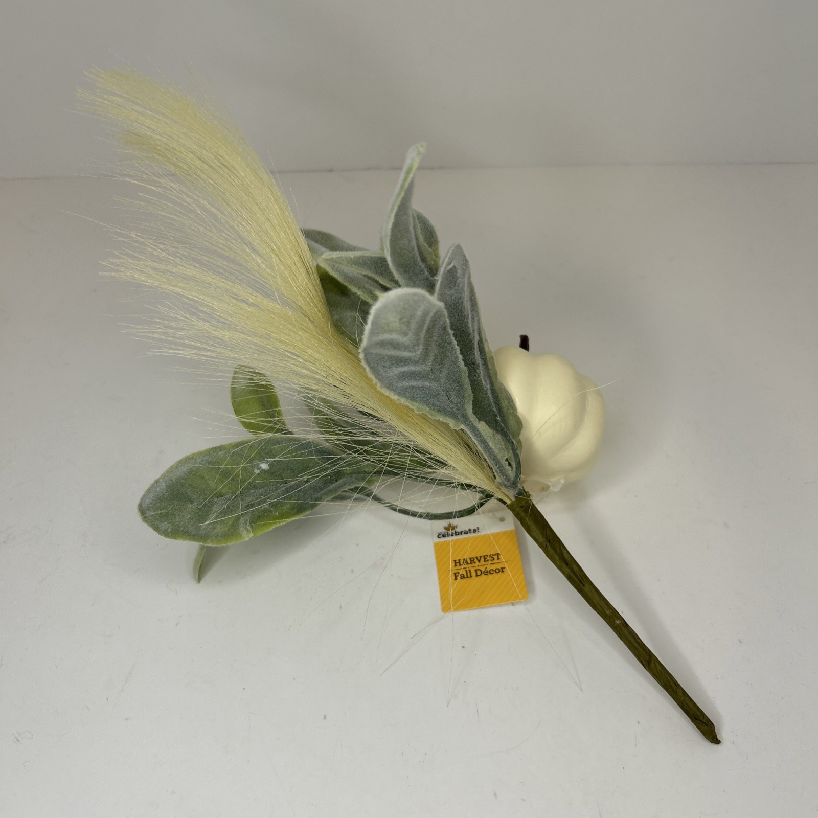 10 Artificial Fall Pumpkin Floral Pick W/Faux Lambs Ear & Feather Grass