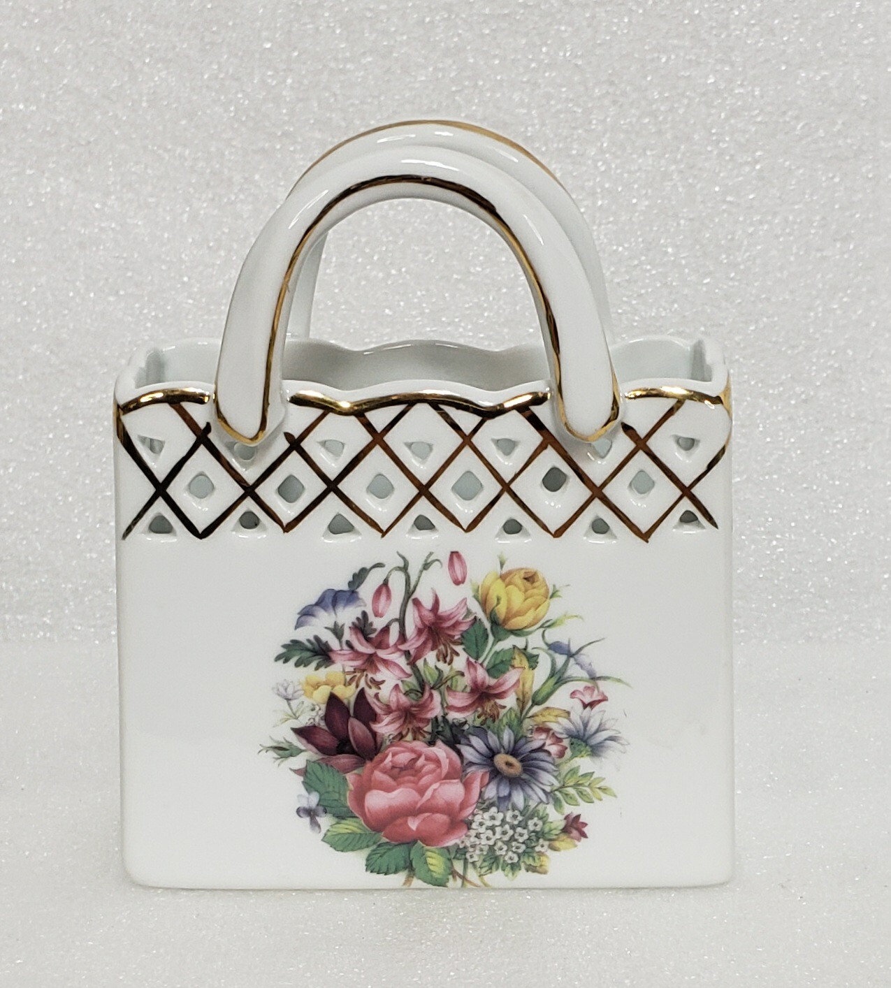 Herman Dodge Ceramic Purse Vase 4.75″ w Faux Flowers Old World Collection