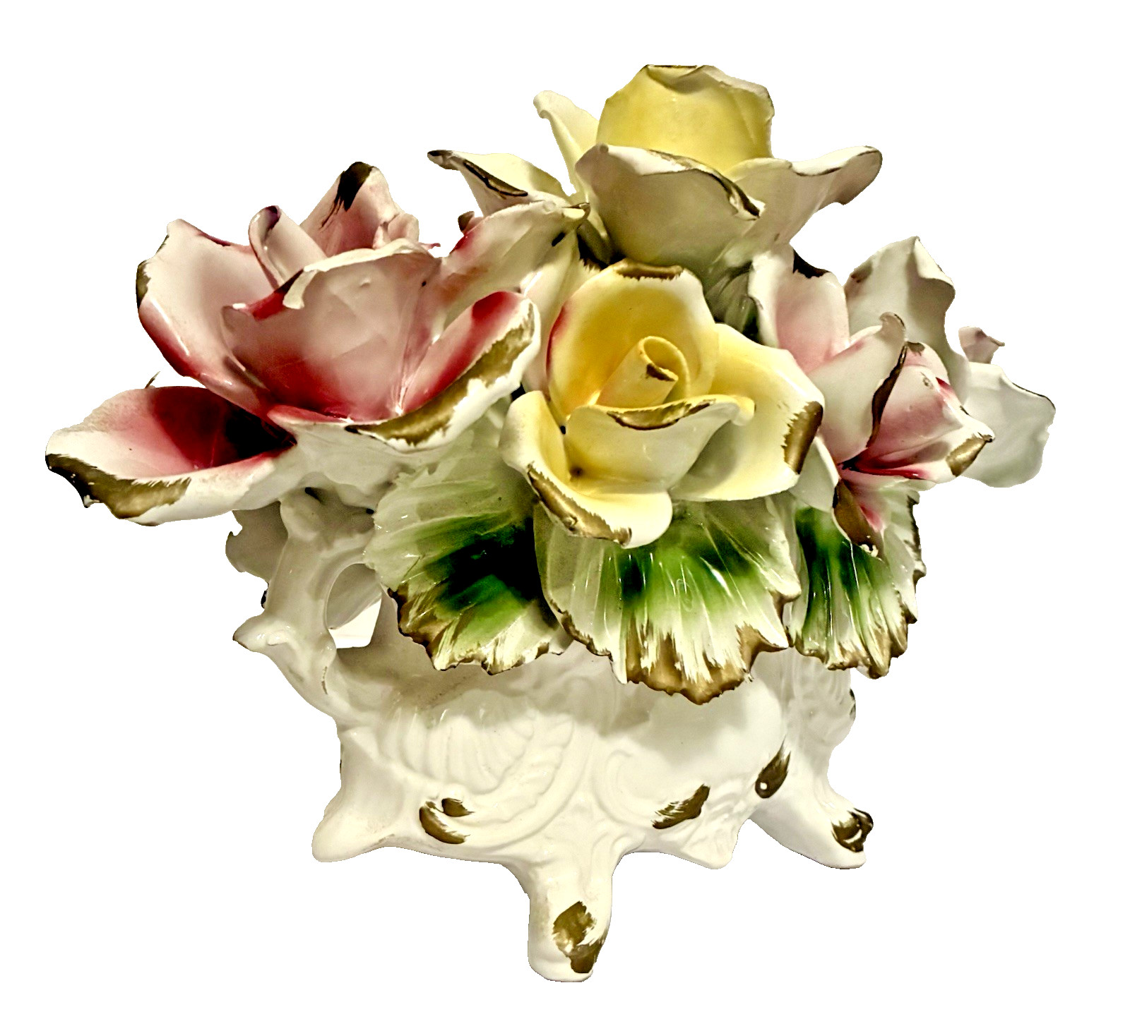 Vintage Capodimonte Italian Porcelain Pink and Yellow Seven Rose Centerpiece