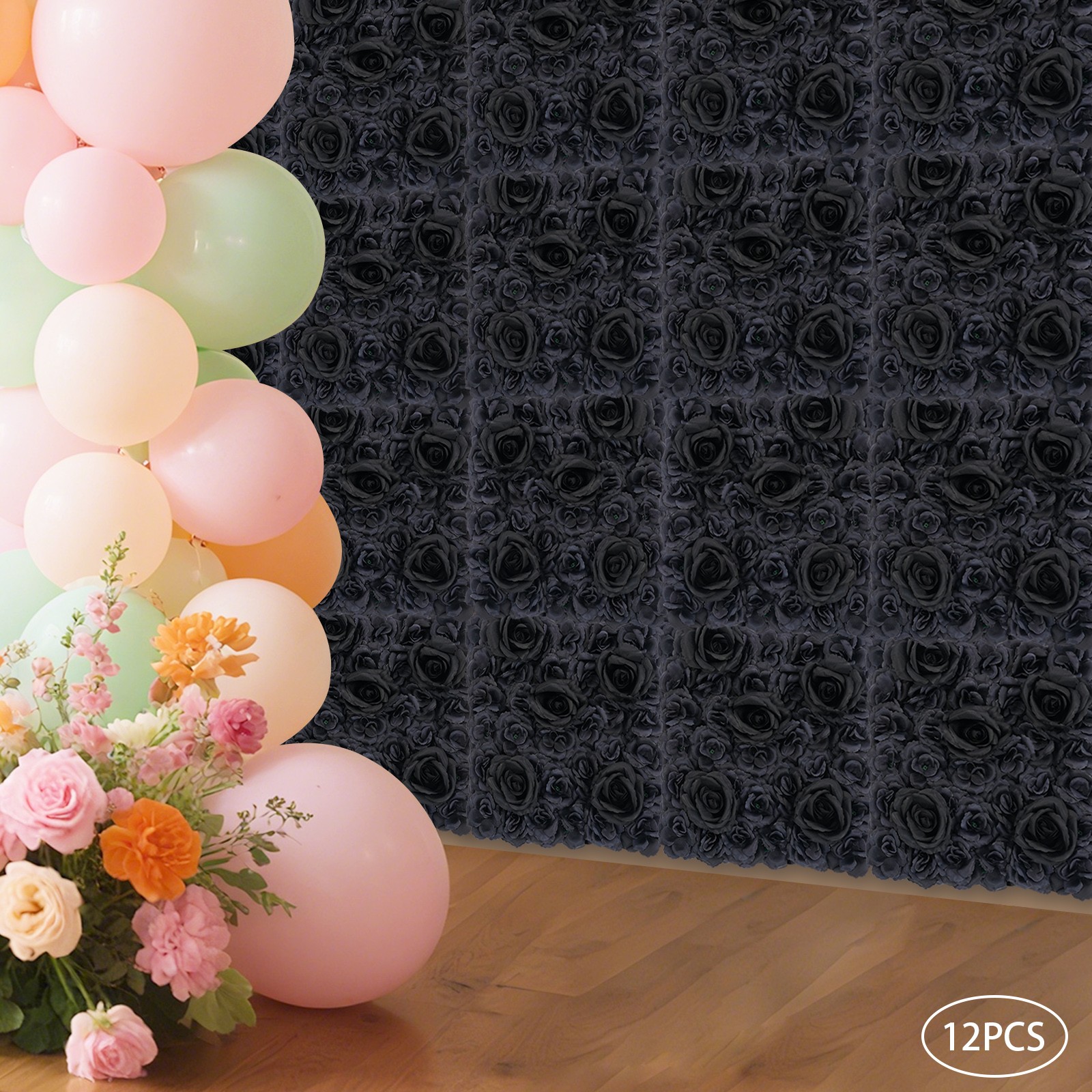Gothic Style Black Rose Flower Wall Panels Artificial Floral Wedding Decor 12PCS