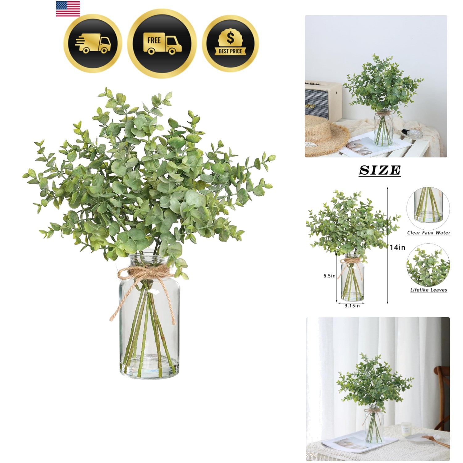 Fake Eucalyptus Stems in Glass Vase with Faux Water,14″ Artificial Plants Euc…