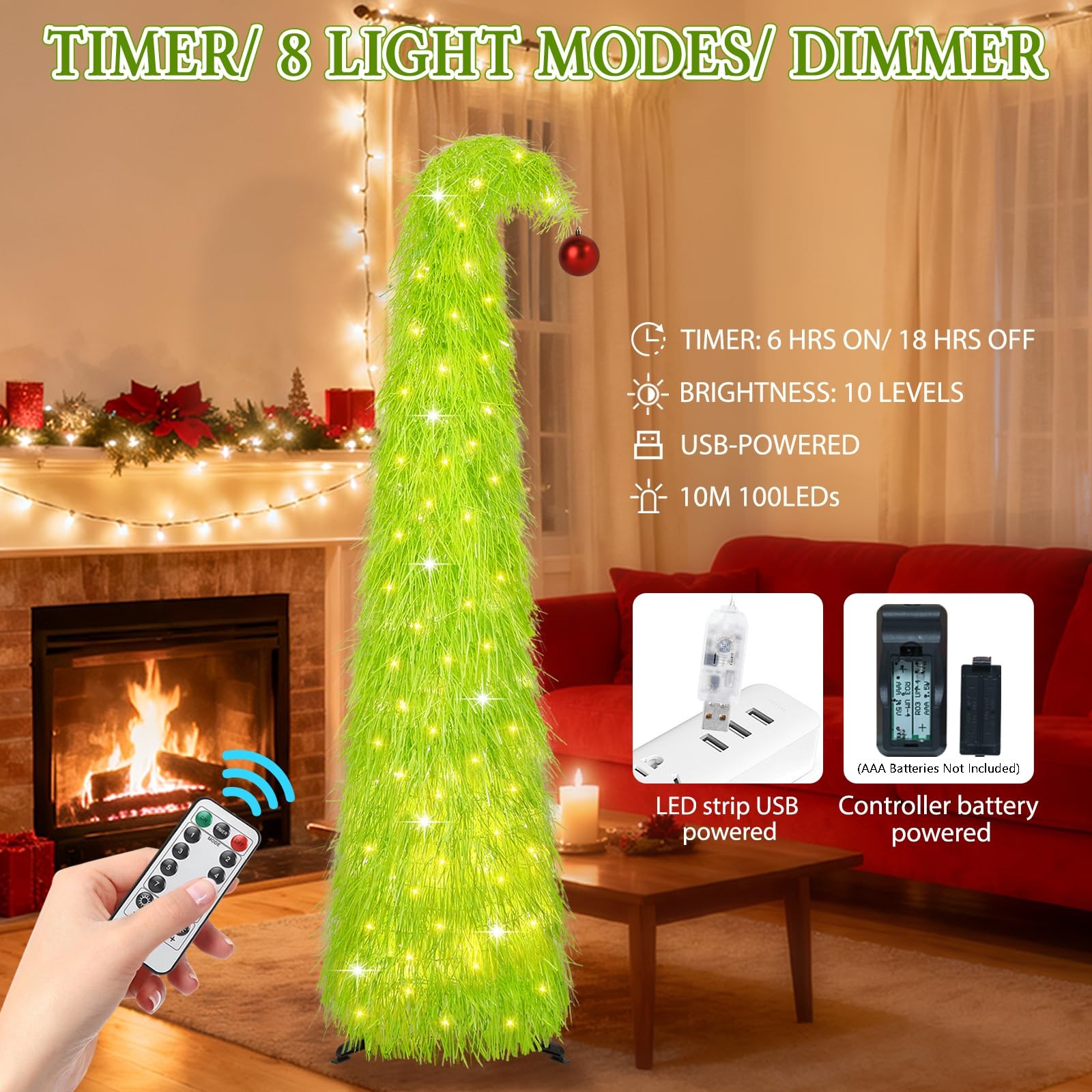 6FT Artificial Shaggy Pop Up Christmas Tree with 100 LEDs, Lime Green Curve