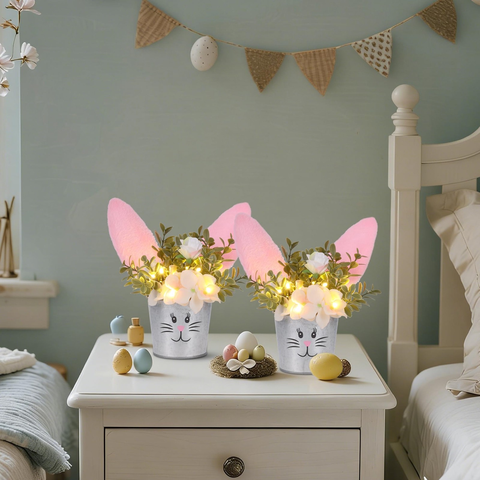 Easter Table Decorations Artificial Flower With Bunny Ear Lighted 2 PCS