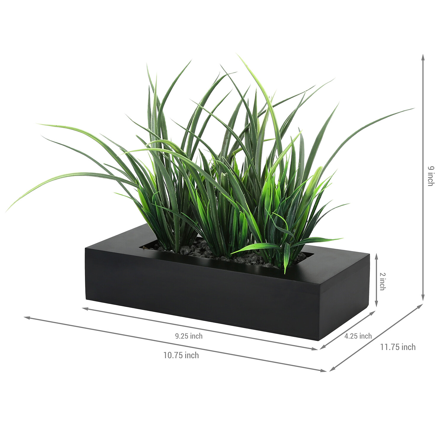 MyGift Artificial Green Grass Plants in Black Wood Rectangular Planter Pot