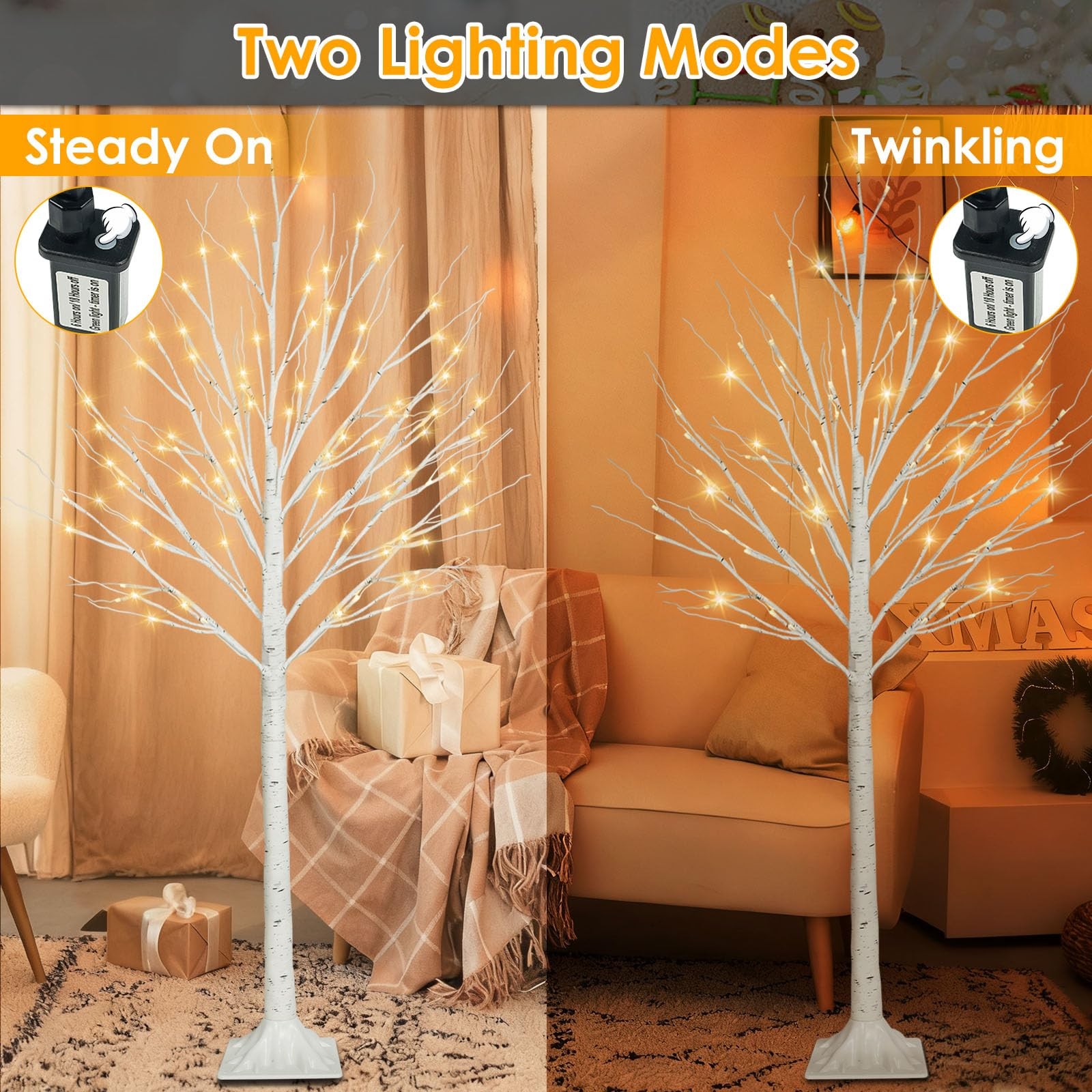 3 Pack 4FT 5FT and 6FT 300LED Christmas Lighted Birch 3Pack 456FT, Warm White