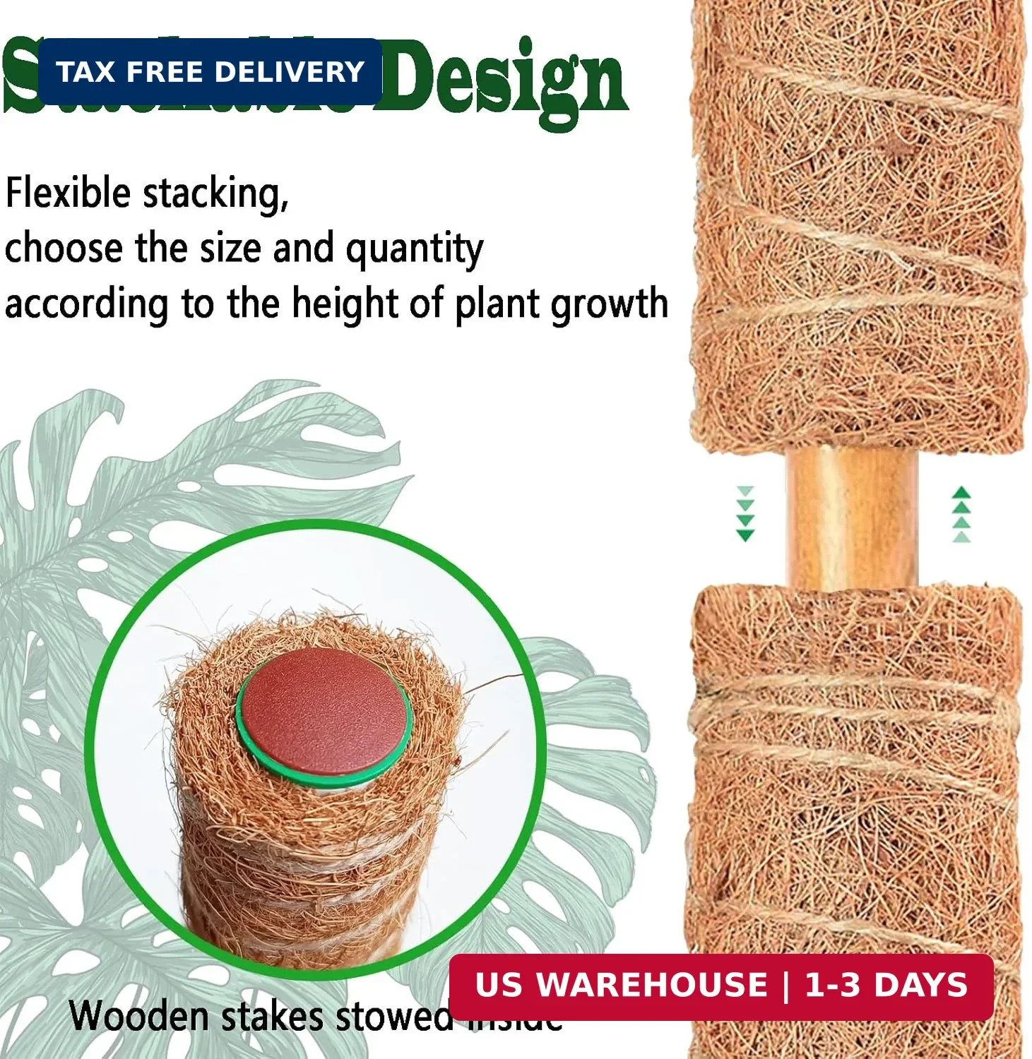 2 Pack 21 Inch Moss Poles, Stackable Moss Pole for Plants Monstera, 37 Inch Tall