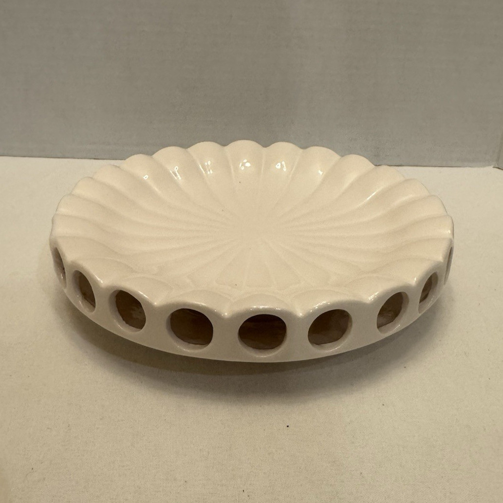 New in Box Vintage White Ceramic Flower Frog Centerpiece Bowl, Unused 7 1/4”.