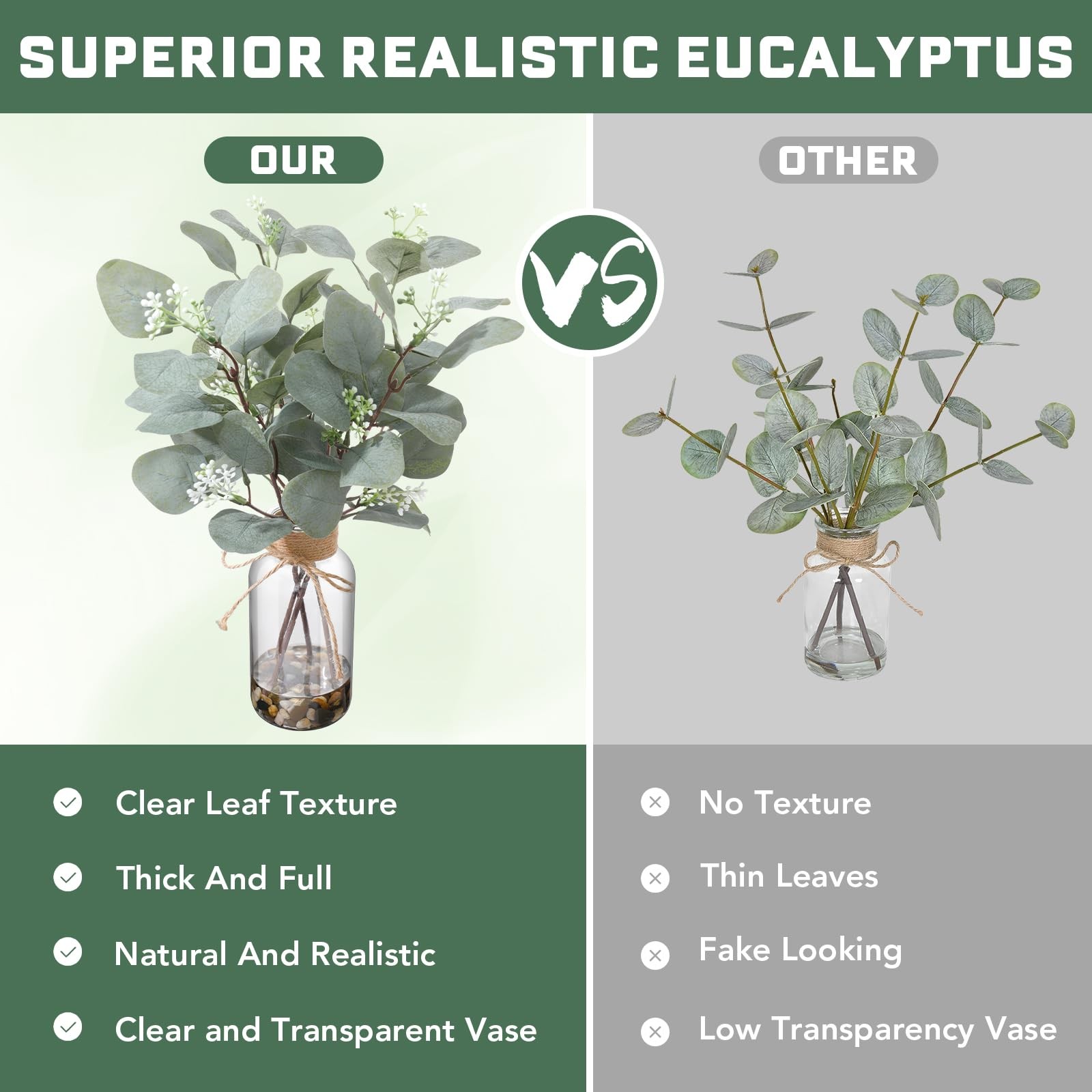 15.74” Artificial Eucalyptus Stems in Glass Vase with Faux Water & Natural St…