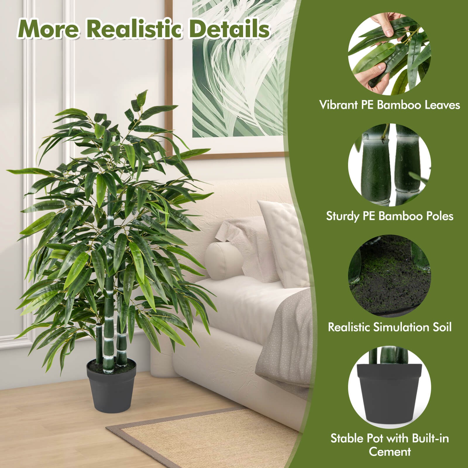 50″ Tall Artificial Potted Tree w/3 PE Bamboo Trunk Flush Leaves Realistic Soil
