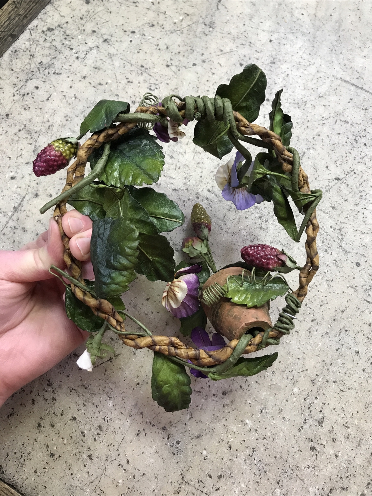 Vintage Spring Summer Purple PANSY CANDLE RING Floral Wreath 6” – Fast Ship!