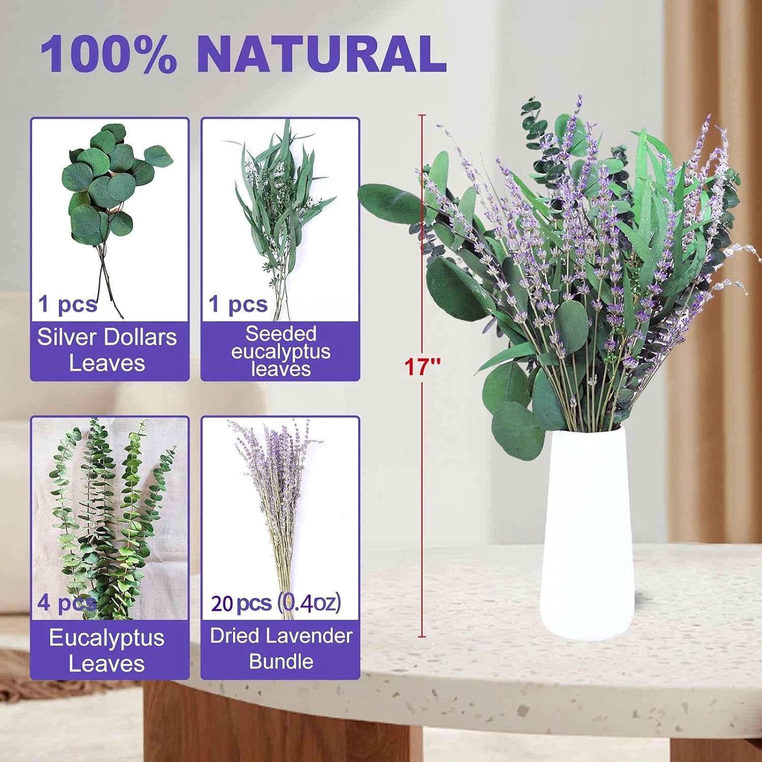 26 PCS Mix Dried Eucalyptus & Lavender Flowers Bundles for Shower, 17” Natural