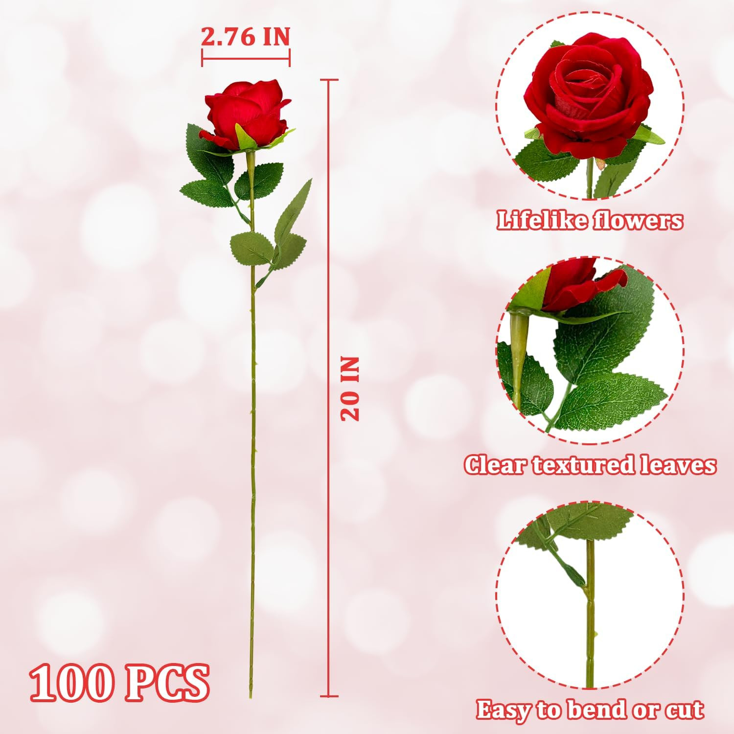 100 PCS Velvet Silk Red Roses – Realistic Faux Flowers for Home & Weddings