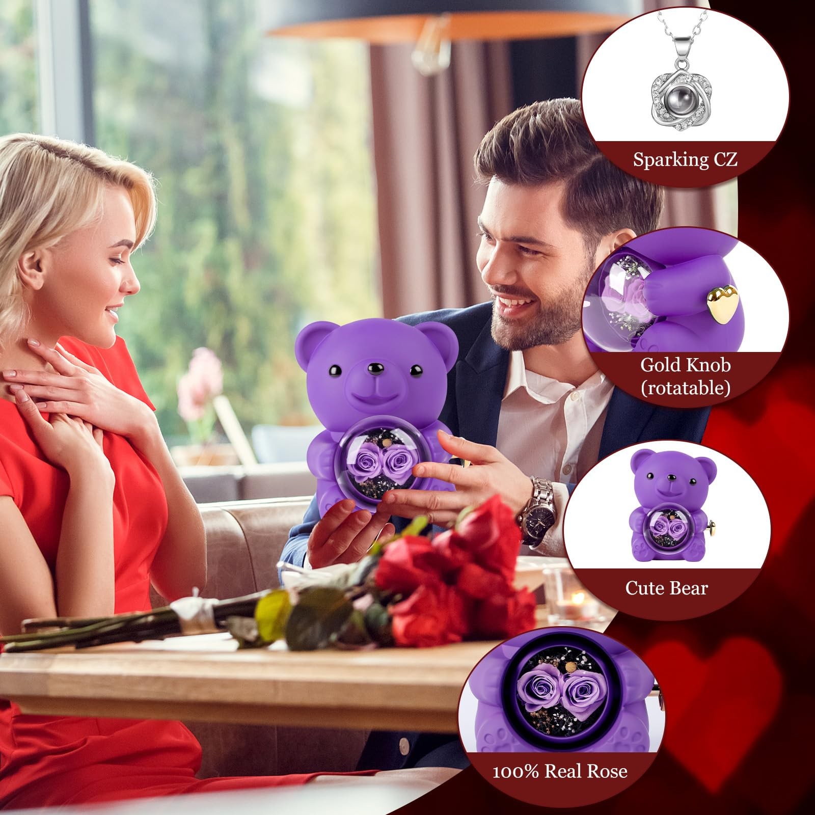 Romantic Rose Bear Teddy with Preserved Rose, Rose Bear Gift Box Set Valentine’s