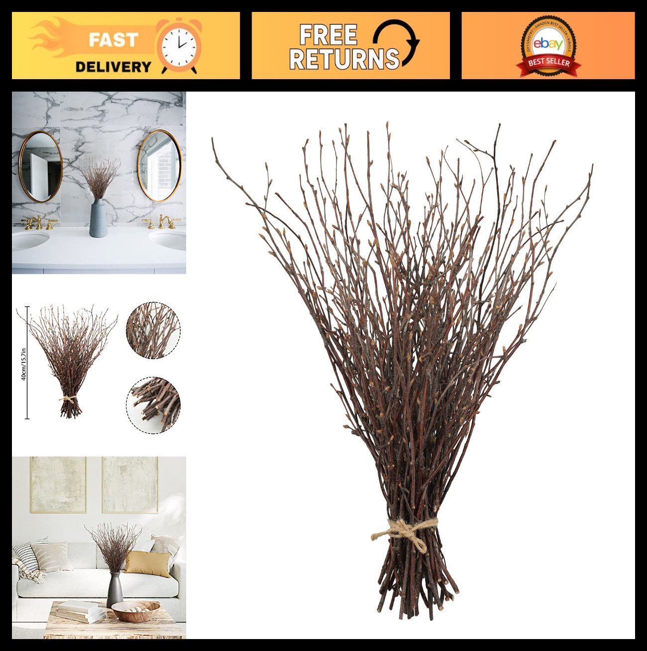 50PCS 17″ Natural Dried Birch Twigs – Decorative Branches for DIY Crafts, Vases