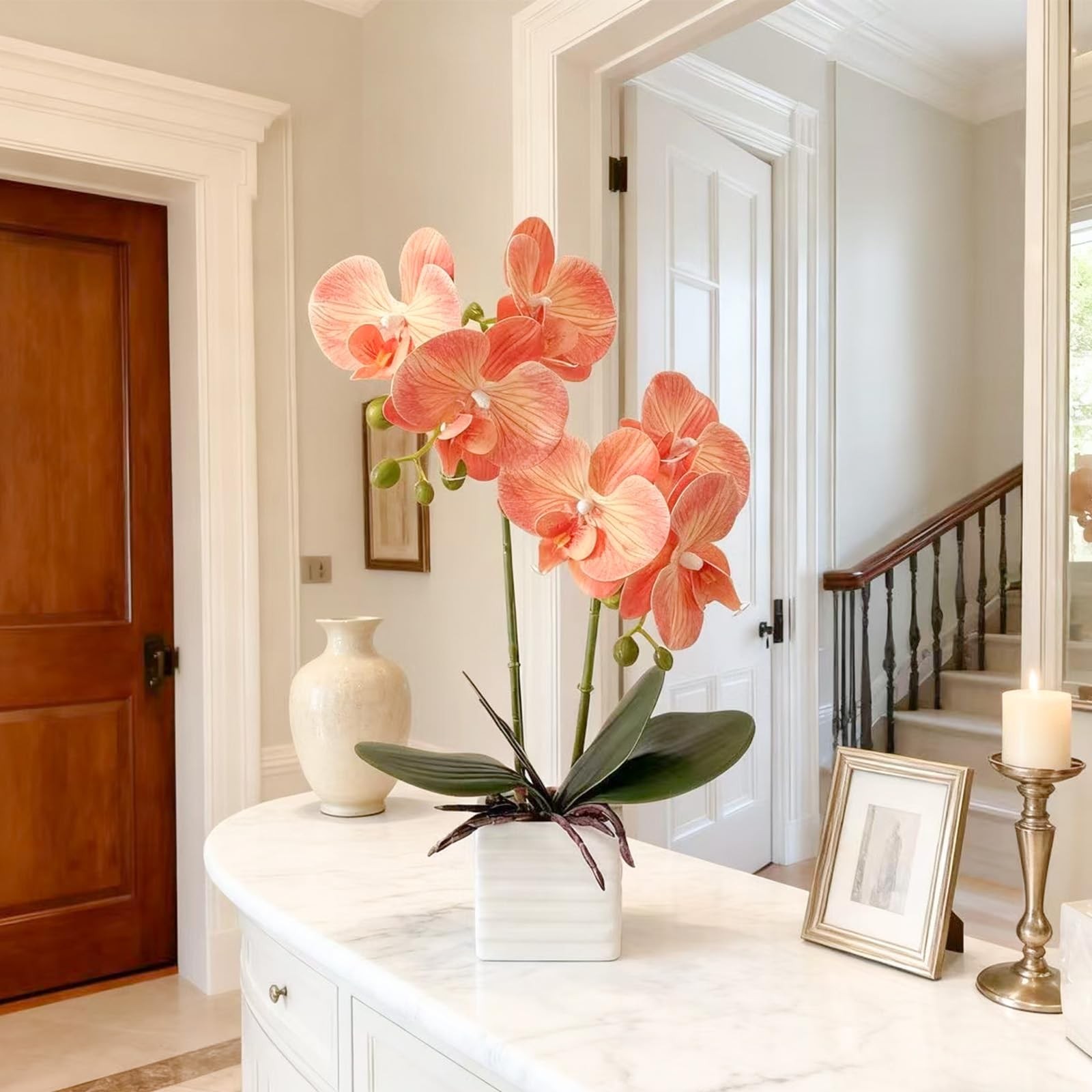 14″ Tall Artificial Indoor Orchids For Home Decor Orange Silk Flowers Vase