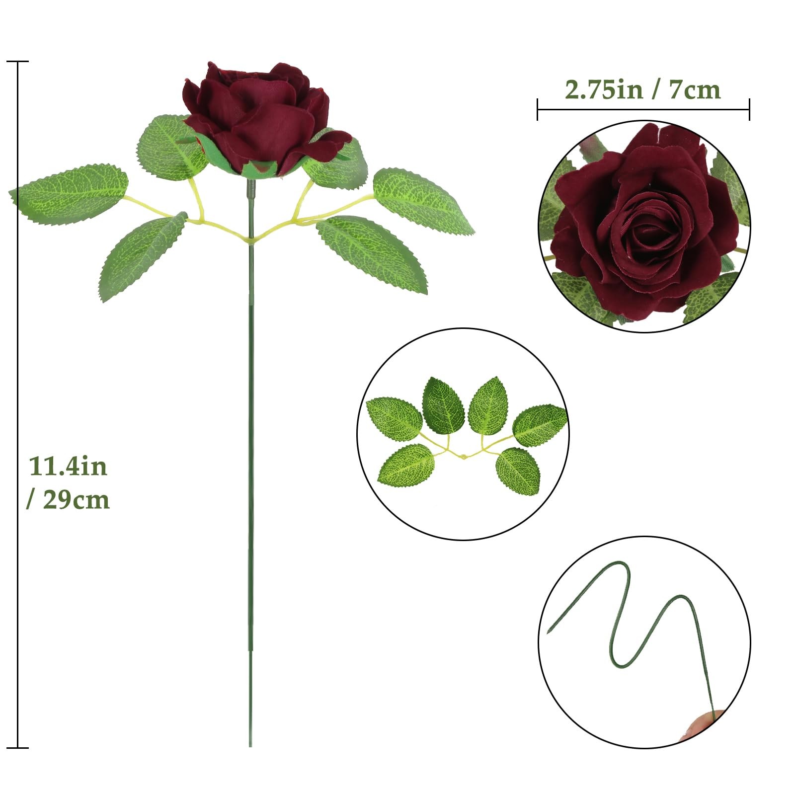 25pcs Burgundy Artificial Roses 2.75in Faux Velvet Roses Flowers Fake Flower …