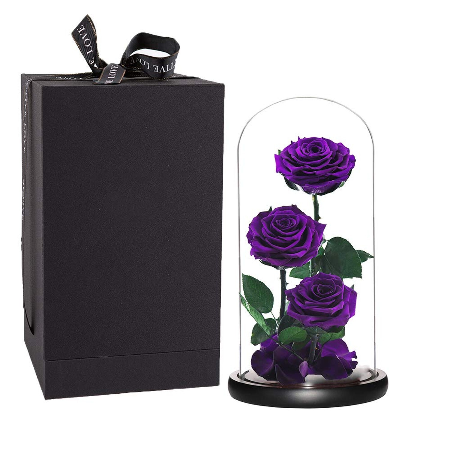 Purple Roses Handmade Preserved Real Rose in Glass Dome, Long Lasting Roses N…