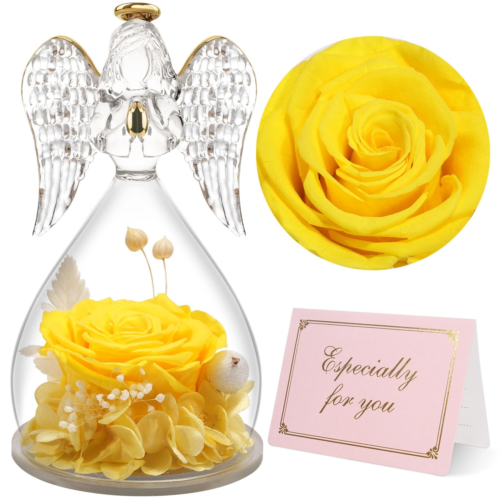 Yellow Angel Figurine, Real Preserved Rose, Gift for Mom, Grandma, Wife, Bday