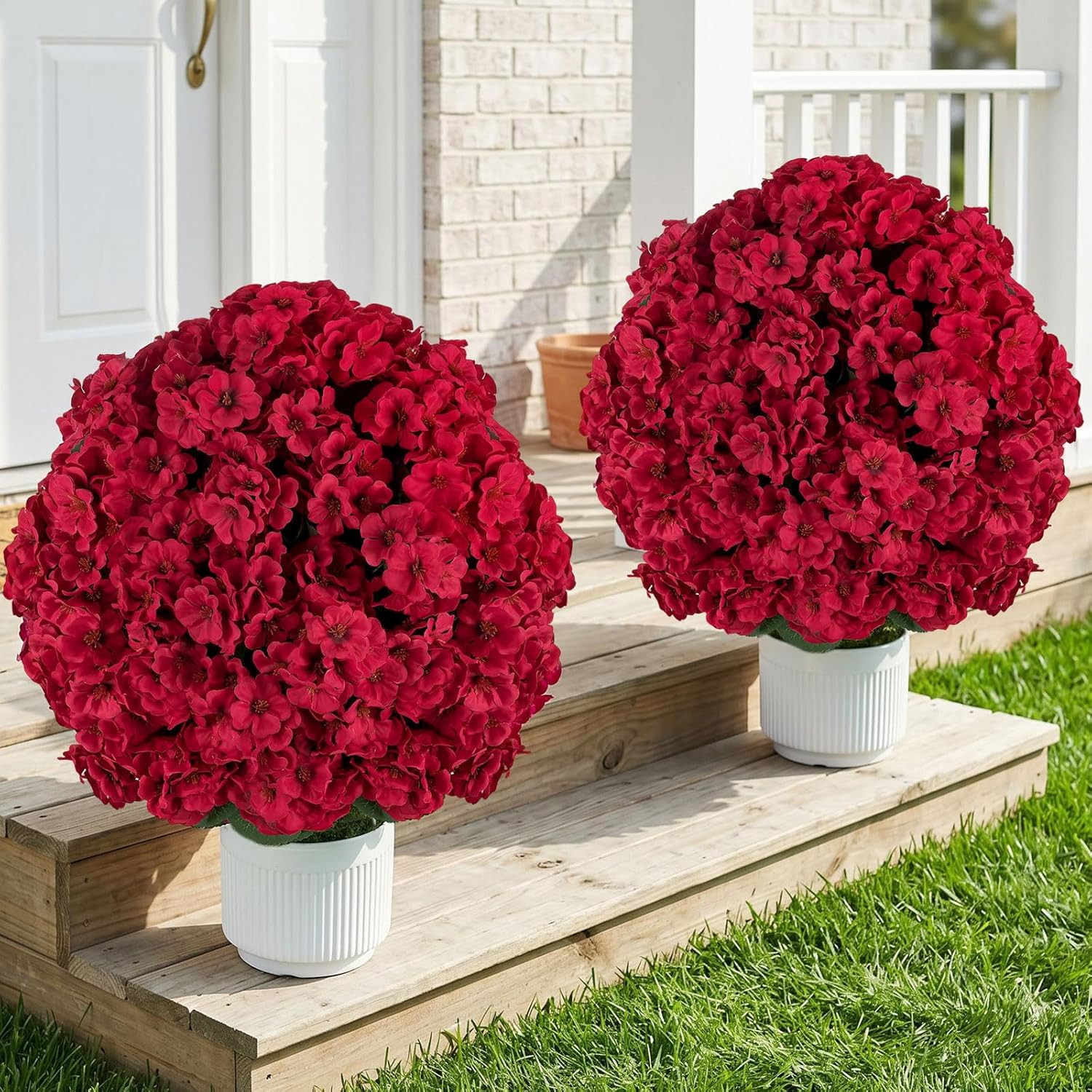 Artificial Geraniums for Outdoors Potted: 2-Pack 26″ Red Fake Flower Topiary Bal