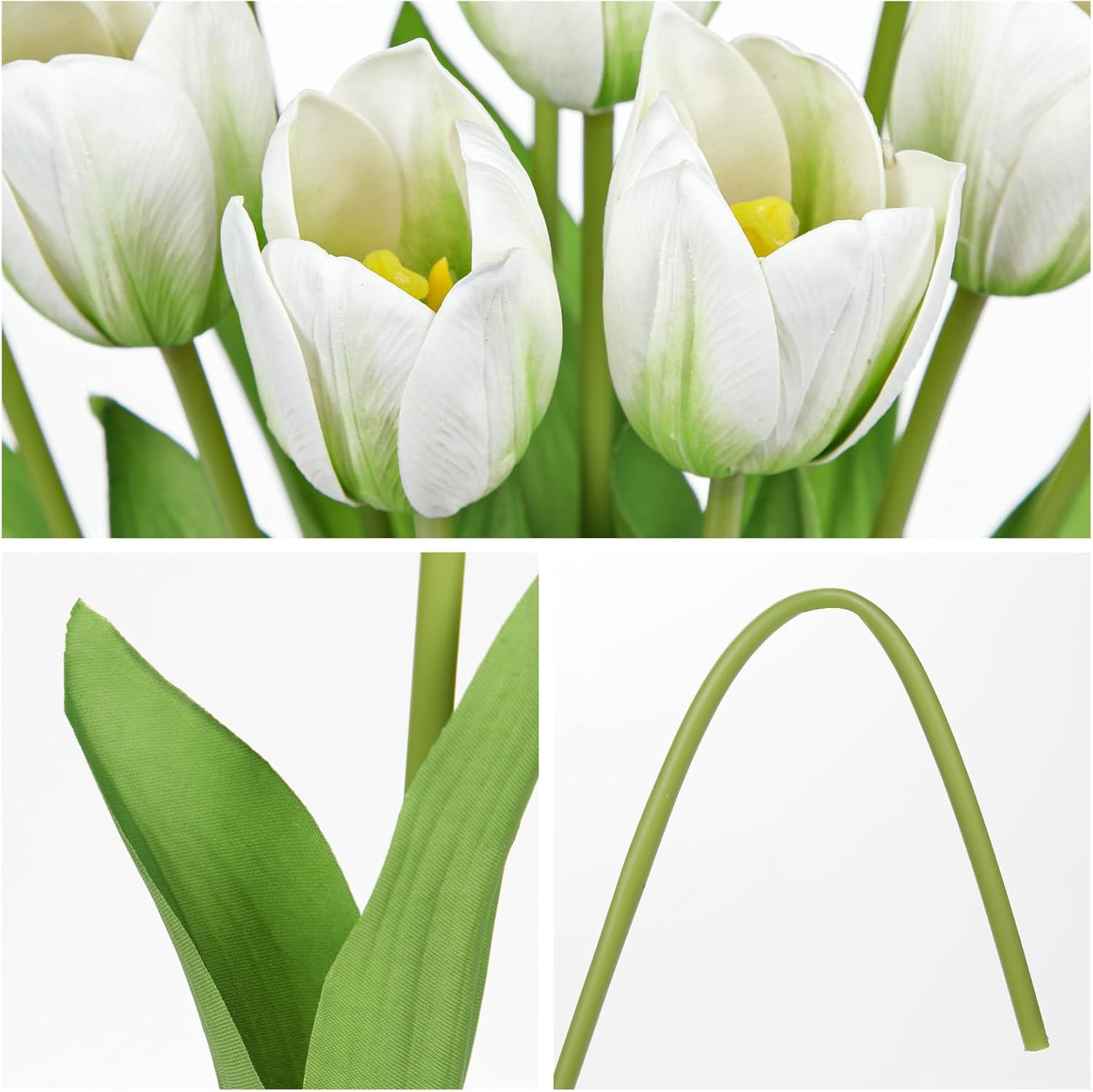 Artificial Tulips Flowers – 20″ Long Stem Faux Tulips, 10PCS Real Touch Fake Whi
