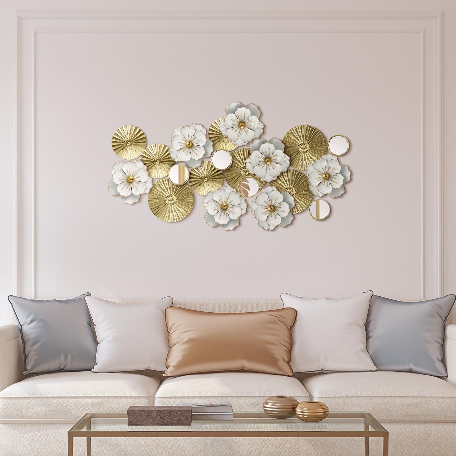 Briwooody Metal Flower Wall Decor Ivory Plates Mirror Flower, Gold