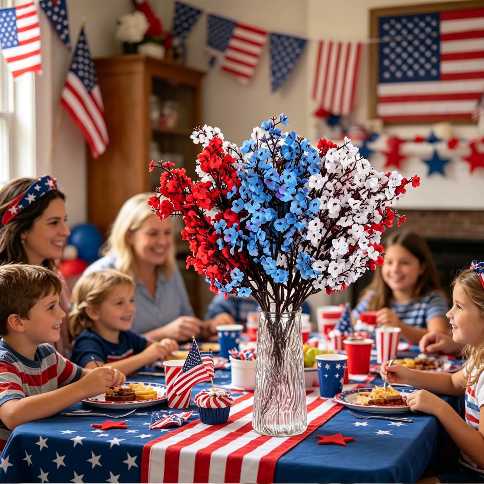 9Pcs 4th of July Baby’s Breath Artificial Flowers, Red White Blue Silk, Patri…