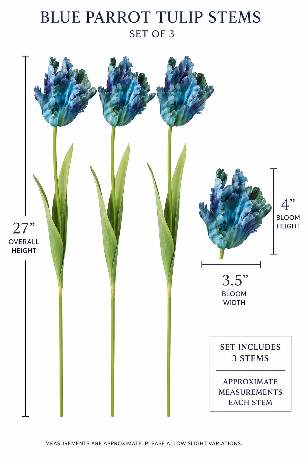 Blue Faux Tulips Set of 3 Artificial Parrot Tulips 27 Inch Tall