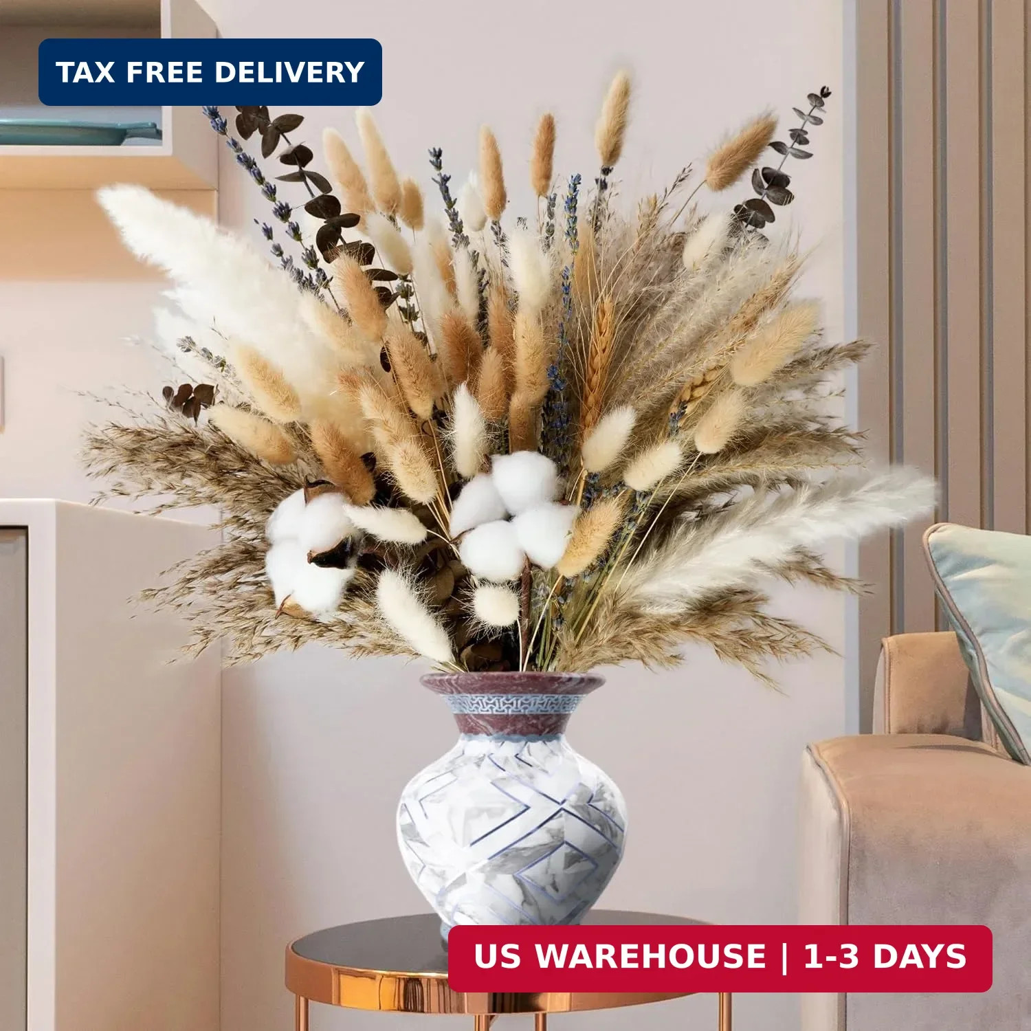 Natural Dried Flower Bouquet – Pampas Grass, Cotton Stems, Bunny Tails, Eucalypt